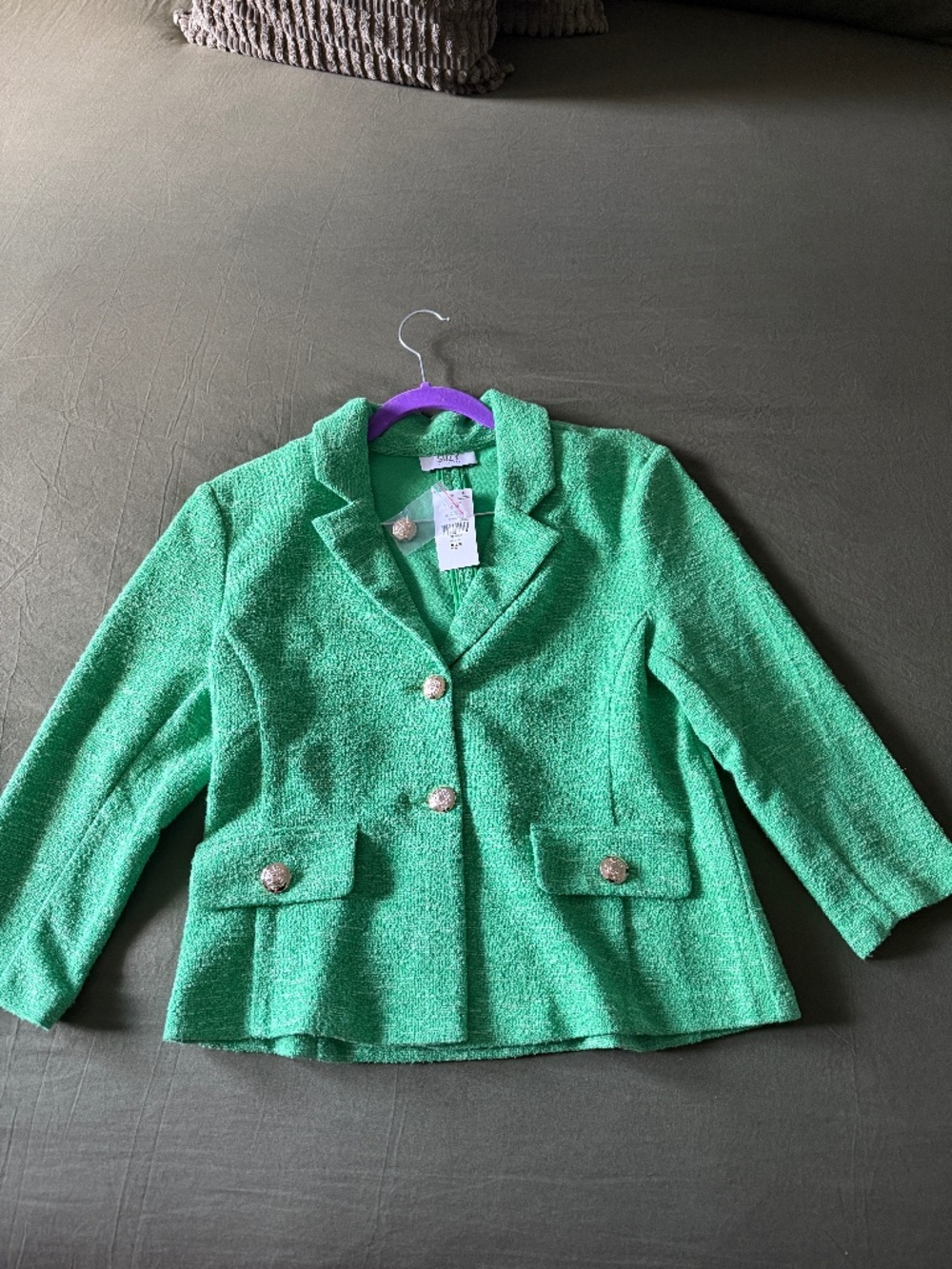 NWT Suzy Shier Green Tweed 2-Piece Set - Blazer & Chain Detail Skirt - Size M